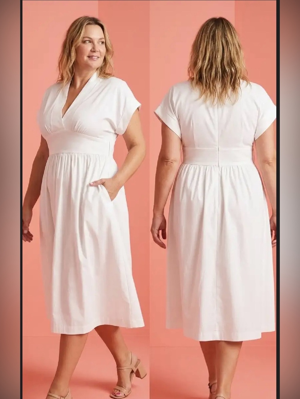 ANTONIO MELANI White Empire- Waist V-Neck Midi Dress with Pockets. Size 12. - Picture 3 of 13